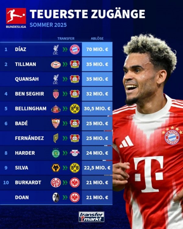 Bundesliga recruitment list this summer: Dias leads the cliff with 70 million cliffs, Tillman & Kuansa leads the 5 players in the pharmaceutical factory