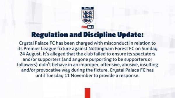 FA official: Crystal Palace has been accused of inappropriate fan behavior and needs to respond before November 11